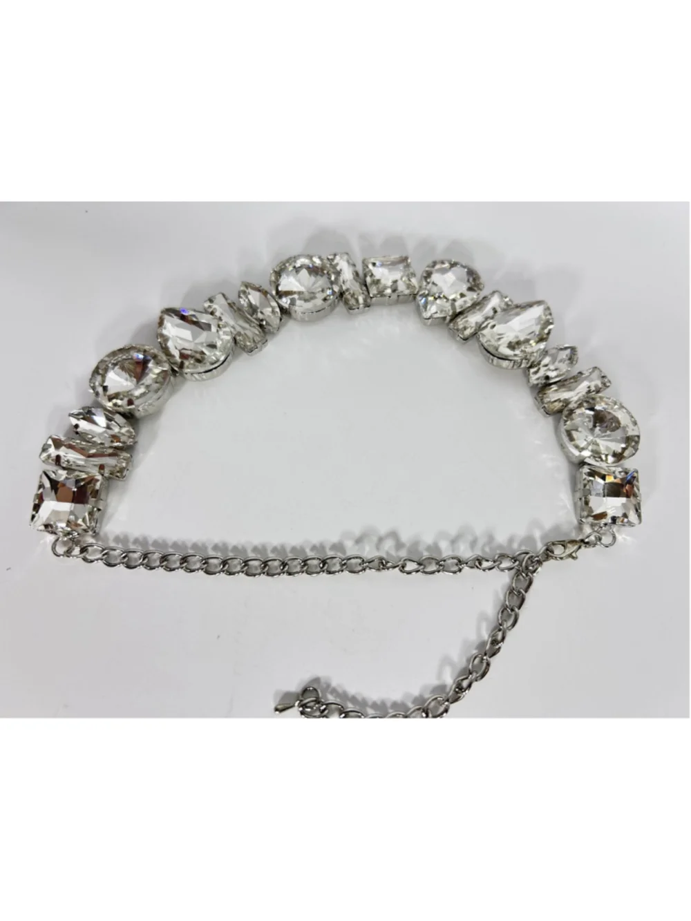 Necklace Silver Tone Crystal Bib Statement Collar Clear Fashion Lobster Clasp